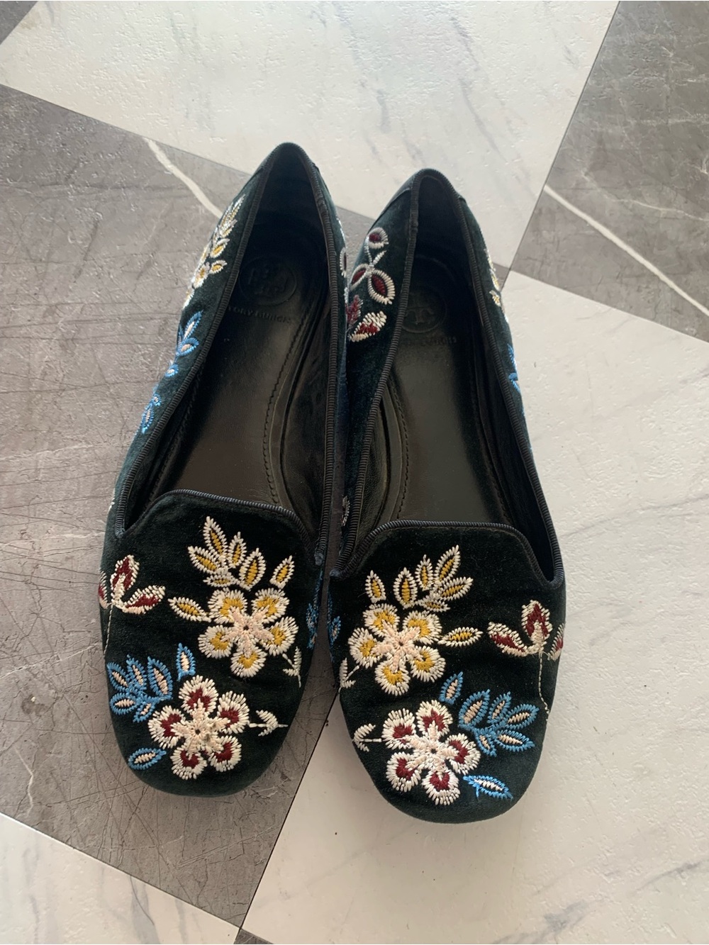 Tory Burch Black Velvet Floral Embroidered Loafers